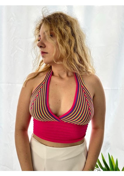 Halter Yaka Renkli Triko Crop