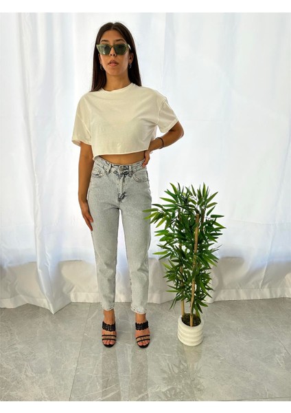 Bisiklet Yaka Ekru Crop Tshirt