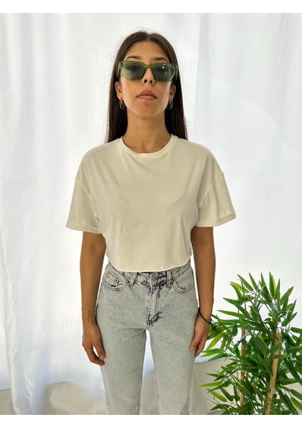 Bisiklet Yaka Ekru Crop Tshirt