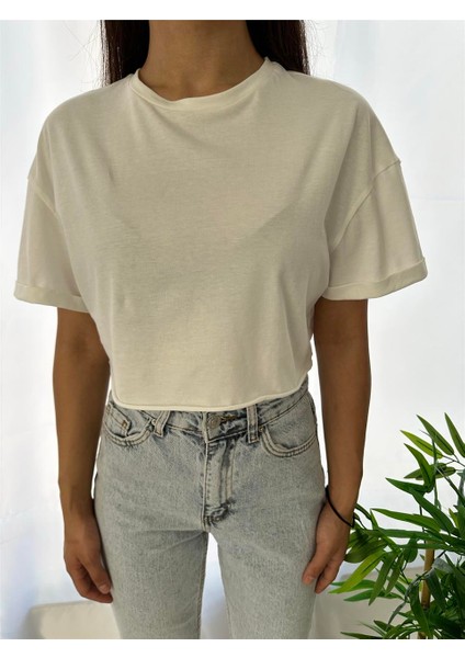 Bisiklet Yaka Ekru Crop Tshirt