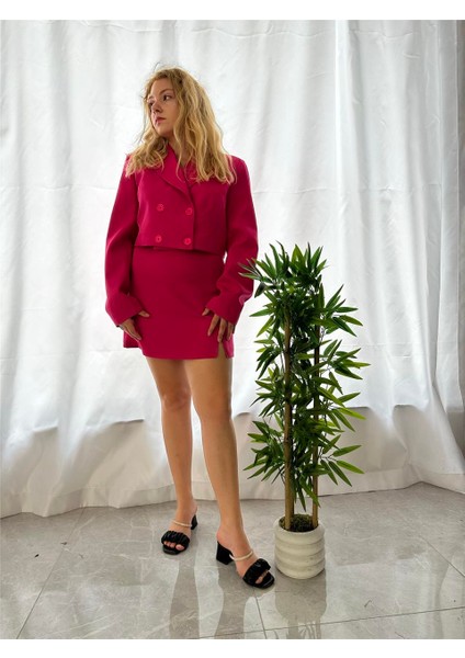 Mini Etek Crop Blazer Fuşya Takım