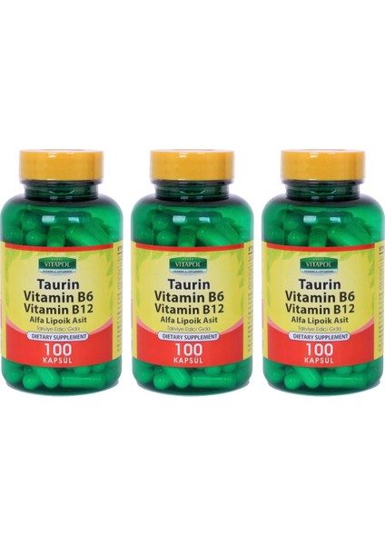 Taurin 500 mg Taurine 3 x 100 Kapsül Alfa Lipoik Asit Vitamin B6 Vitamini B12 Vitamini