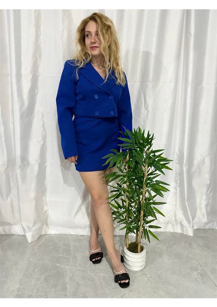 Mini Etek Crop Blazer Mavi Takım