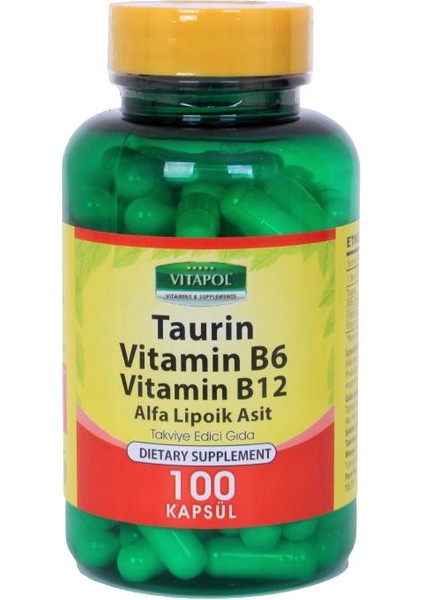 Taurin 500 mg Taurine 100 Kapsül Alfa Lipoik Asit Vitamin B6 Vitamini B12 Vitamini