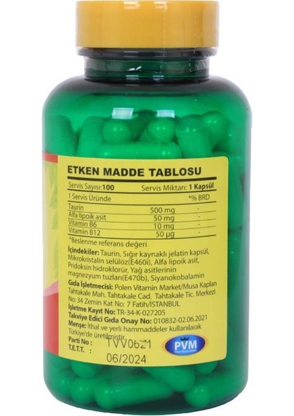 Taurin 500 mg Taurine 100 Kapsül Alfa Lipoik Asit Vitamin B6 Vitamini B12 Vitamini fiyatları