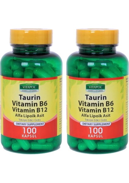 Taurin 500 mg Taurine 2 x 100 Kapsül Alfa Lipoik Asit Vitamin B6 Vitamini B12 Vitamini