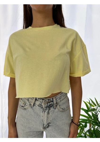 Bisiklet Yaka Sarı Crop Tshirt