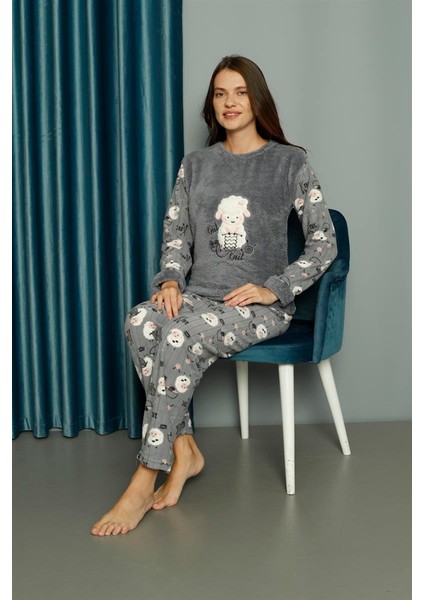 Yeni Sezon Sonbahar/kış Kadın Welsoft Polar Yuvarlak Yaka Kuzucuk Desenli Kalın Pijama Takımı 30005