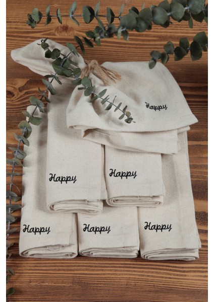 Naturel Peçete 6 Lı Motto Işlemeli Pamuk Keten Otantik 45X45 cm Happy
