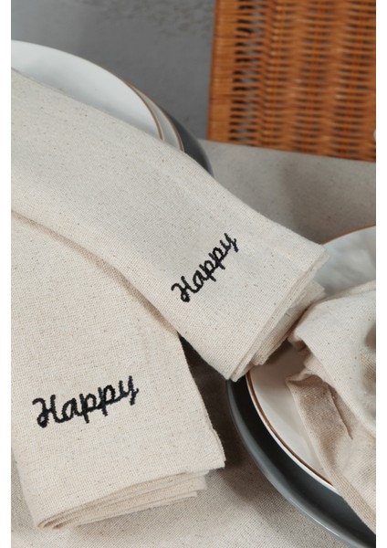 Naturel Peçete 6 Lı Motto Işlemeli Pamuk Keten Otantik 45X45 cm Happy modelleri