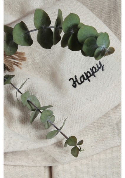 Naturel Peçete 6 Lı Motto Işlemeli Pamuk Keten Otantik 45X45 cm Happy fırsatları