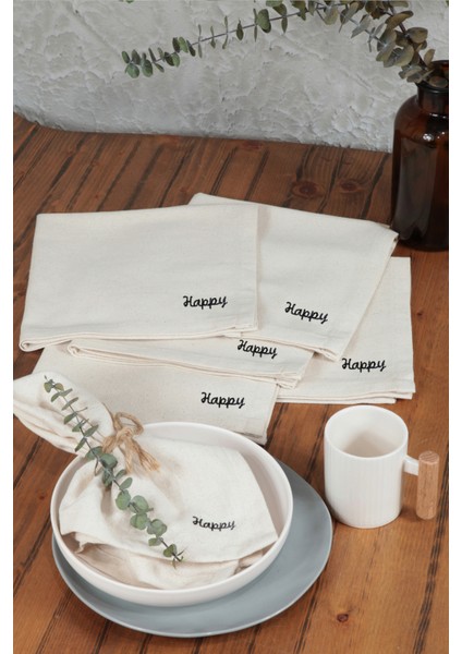 Naturel Peçete 6 Lı Motto Işlemeli Pamuk Keten Otantik 45X45 cm Happy indirimleri