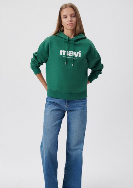 Kadın Mavi Logo Baskılı Kapüşonlu Yeşil Sweatshirt 168334-71874