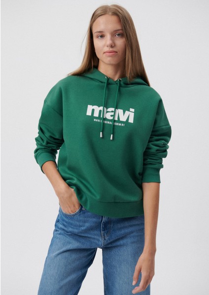 Kadın Mavi Logo Baskılı Kapüşonlu Yeşil Sweatshirt 168334-71874