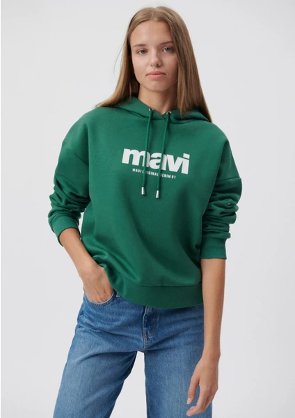 Kadın Mavi Logo Baskılı Kapüşonlu Yeşil Sweatshirt 168334-71874