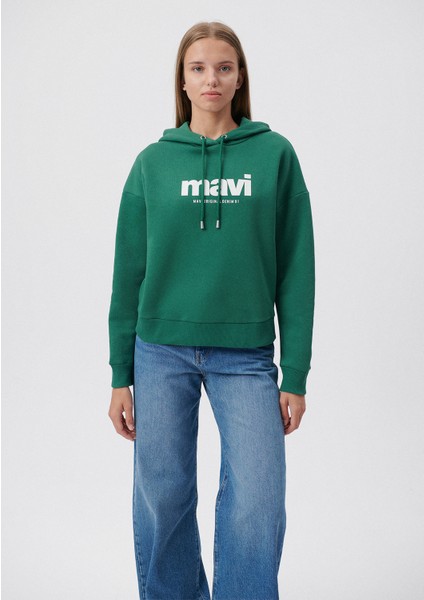 Kadın Mavi Logo Baskılı Kapüşonlu Yeşil Sweatshirt 168334-71874