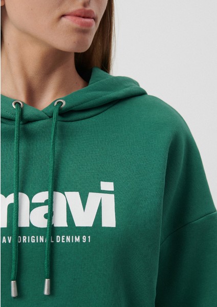 Kadın Mavi Logo Baskılı Kapüşonlu Yeşil Sweatshirt 168334-71874