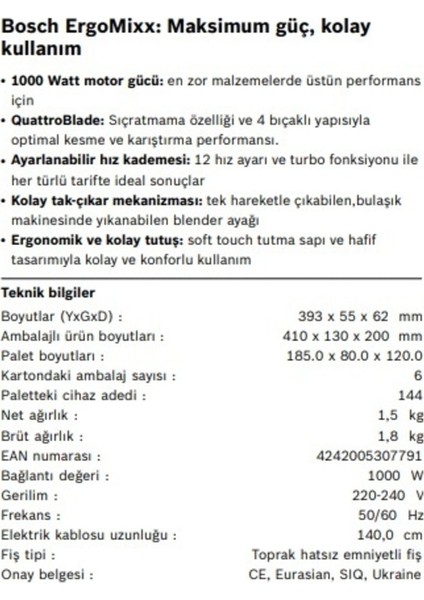 MS6CB6157 El Blenderı Ergomixx 1000 W Siyah, Antrasit