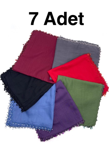 Naz Ipek 7'li Set Pamuklu Damla Inci Boncuklu Eşarp Yüksek Kalite Yazma 100X100CM