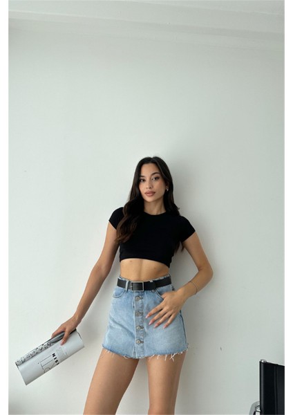 Bisiklet Yaka Basıc Crop Siyah