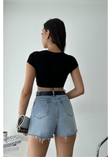 Bisiklet Yaka Basıc Crop Siyah