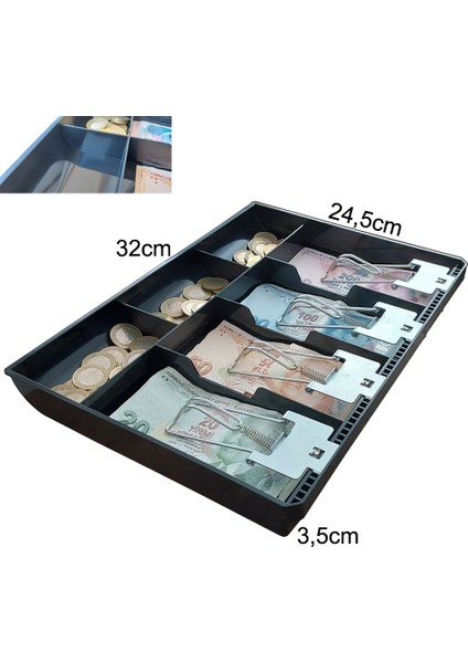 Metal Mandallı Çekmece Içi Para Düzenleyici 4 Banknot Bölmeli Para Çekmecesi Içi 32x24,5x3,5cm modelleri