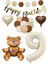 Happy Bırthday Banner Oturan Ayı, Bej Rakam, Kalp Folyo ve Latex Balon Seti Yaş 9 2