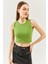 Çimen Yeşili Sıfır Kol Bisiklet Yaka Vücuda Oturan %100 Pamuklu Kaşkorse Esnek Crop Bluz 2