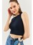 Lacivert Sıfır Kol Bisiklet Yaka Vucuda Oturan %100 Pamuklu Kaşkorse Esnek Crop Bluz 1