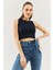 Lacivert Sıfır Kol Bisiklet Yaka Vucuda Oturan %100 Pamuklu Kaşkorse Esnek Crop Bluz 2