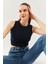 Lacivert Sıfır Kol Bisiklet Yaka Vucuda Oturan %100 Pamuklu Kaşkorse Esnek Crop Bluz 3