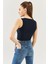 Lacivert Sıfır Kol Bisiklet Yaka Vucuda Oturan %100 Pamuklu Kaşkorse Esnek Crop Bluz 5