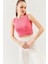 Pembe Sıfır Kol Bisiklet Yaka Vücuda Oturan %100 Pamuklu Kaşkorse Esnek Crop Bluz 3