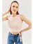 Pudra Sıfır Kol Bisiklet Yaka Vucuda Oturan %100 Pamuklu Kaşkorse Esnek Crop Bluz 2