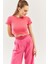 Pembe Kısa Kol Bisiklet Yaka Vücuda Oturan %100 Pamuklu Kaşkorse Esnek Crop Bluz 3