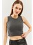 Füme Sıfır Kol Bisiklet Yaka Vücuda Oturan %100 Pamuklu Kaşkorse Esnek Crop Bluz 2