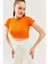 Turuncu Kısa Kol Bisiklet Yaka Vücuda Oturan %100 Pamuklu Kaşkorse Esnek Crop Bluz 2