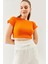 Turuncu Kısa Kol Bisiklet Yaka Vücuda Oturan %100 Pamuklu Kaşkorse Esnek Crop Bluz 4