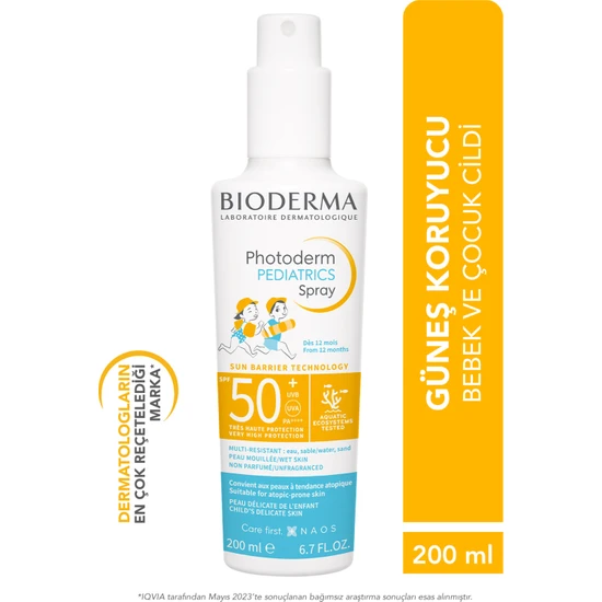 Photoderm Pediatrics Spray SPF50+ Bebek ve Çocuklar için Çok Yüksek Koruma Sağlayan, Suya ve Kuma Dayanıklı Sprey Formda Güneş Kremi 1 Yaş ve Üzeri, Parfümsüz 200 ml