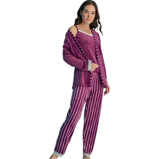 Bies Kadın Fransız Kadife Sabahlıklı Dantel Detaylı Pijama Takımı (Üçlü Set)