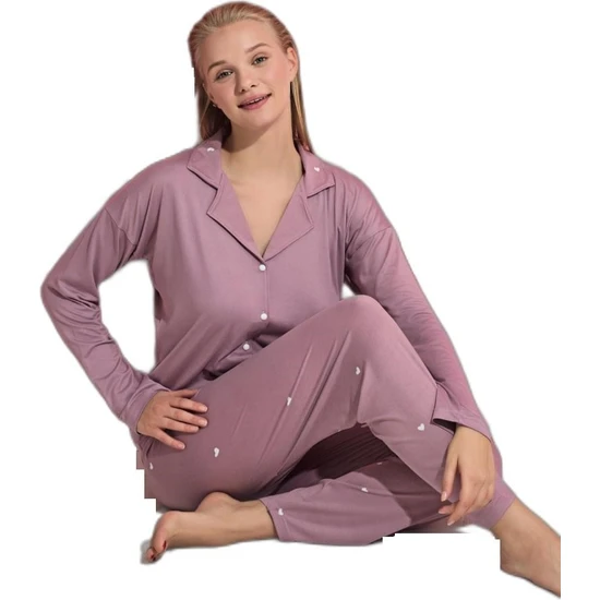Bies Kadın Bambu Gömlek Yaka Önden Düğmeli Mevsimlik Uzun Kol Pijama Takımı