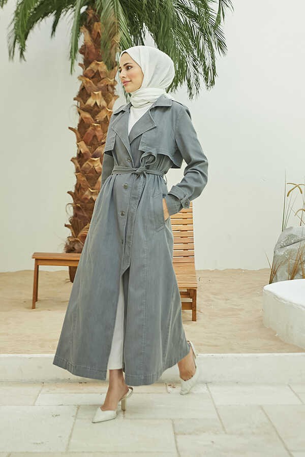 Neways 6458 - Allerlı Denim Trençkot Gri