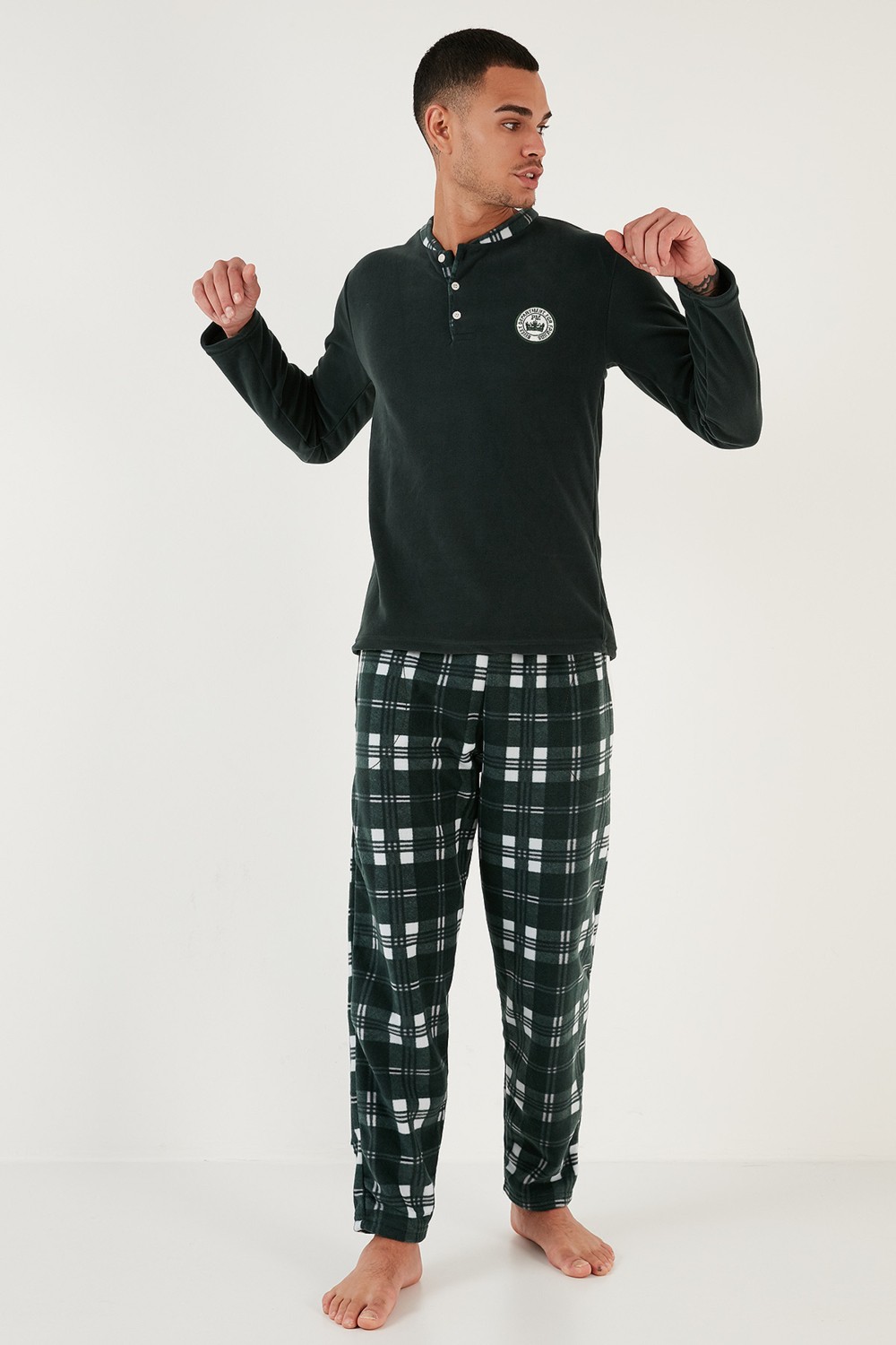 Buratti Ekoseli Regular Fit Düğmeli Bisiklet Yaka Kışlık Polar Pijama Takımı Erkek Pijama Takımı 60961002 görsel 6