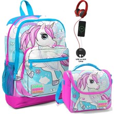 Coral High Okul Çantası ve Beslenme Çantası Seti - Kız Çocuk Mavi Unicorn- USB Soketli
