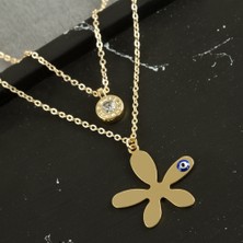 Qosrix Çiçek Isim Yazılabilir Boş Plaka Ikili Kolye Kadın Moda Takı Tasarım Aksesuar Şık Zarif Hediyelik