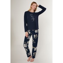 Pierre Cardin Rose Pattern Lacivert Kadın Uzun Kol Pijama Takım