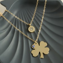 Qosrix Yonca Isim Yazılabilir Boş Plaka Ikili Kolye Kadın Moda Takı Tasarım Aksesuar