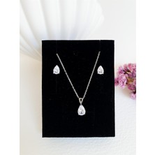 İfeelfree Damla Tek Taş 925 Ayar Gümüş Set - 18 Ayar Beyaz Altın Kaplama