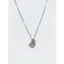 Gerçek İncili Yaprak 925 Ayar Gümüş Kolye - 18 Ayar Beyaz Altın Kaplama