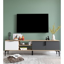 Alonex Tarz Raflı 180 cm Metal Kulp Tv Ünitesi (Beyaz - Antrasit)